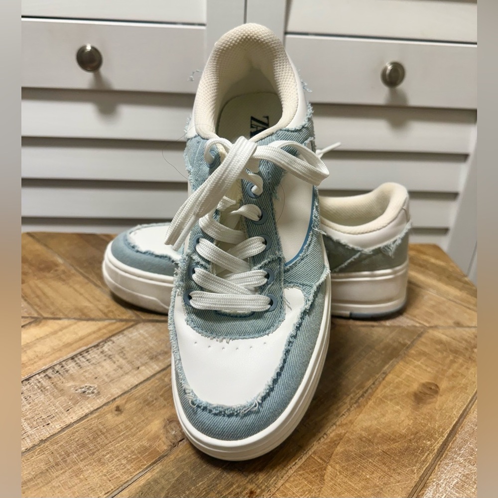 Zara Light Blue and White Denim Casual Sneakers, Size 8